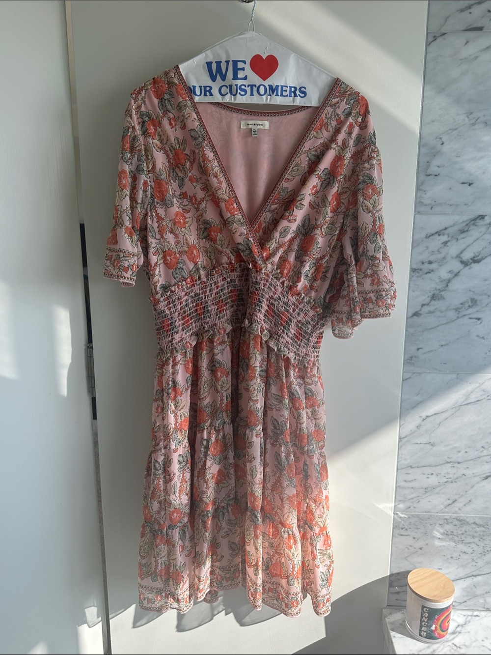 Max Studio Pink Floral V-Neck Smocked Midi Dress